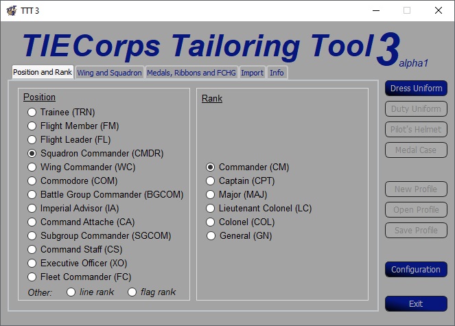 TIE Corps Tailoring Tool 3 Options Page.